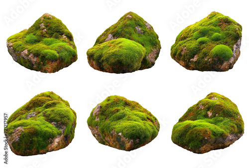 Set of old rocks covered by moss. Mossy boulders isolated on white or transparent background png. 