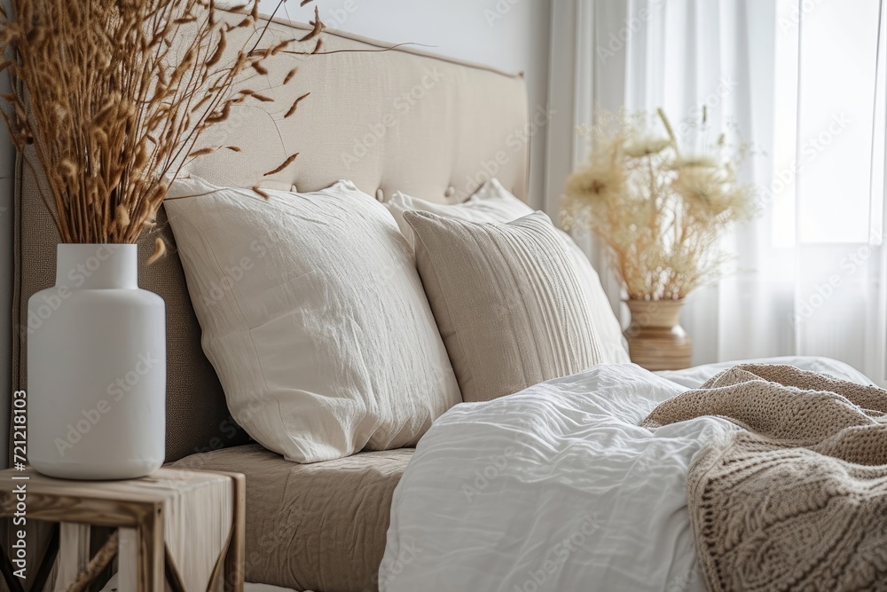 Modern house interior details. Simple cozy beige bedroom interior with bed headboard, linen bedding, bedside table and natural decorations, closeup. Generative AI - obrazy, fototapety, plakaty 
