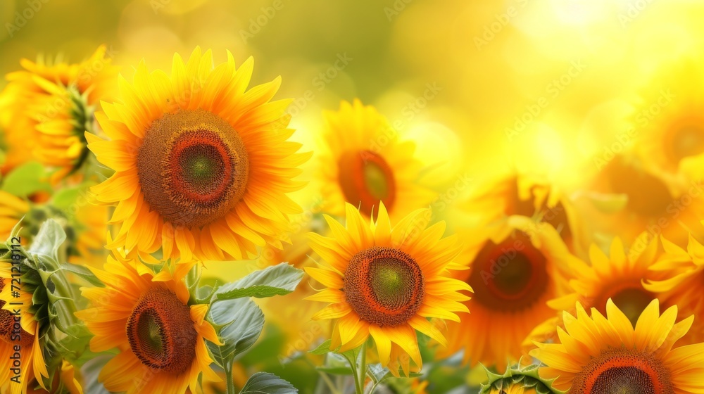 A field of blooming sunflowers A beautiful sunset over big golden sunflower field in the countryside Sunflowers are growing in the evening field. Atmospheric summer wallpaper, space for text A field of blooming sunflowers A beautiful sunset over big golden sunflower field in the countryside Sunflowers are growing in the evening field. Atmospheric summer wallpaper, space for text