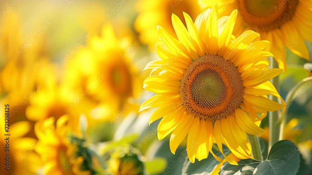 Obraz premium A field of blooming sunflowers A beautiful sunset over big golden sunflower field in the countryside Sunflowers are growing in the evening field. Atmospheric summer wallpaper, space for text