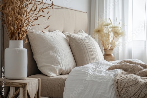 Modern house interior details. Simple cozy beige bedroom interior with bed headboard, linen bedding, bedside table and natural decorations, closeup. Generative AI photo