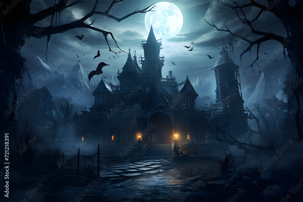 Haunted mansion with ghosts and bats in moonlight background