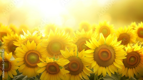 A field of blooming sunflowers A beautiful sunset over big golden sunflower field in the countryside Sunflowers are growing in the evening field. Atmospheric summer wallpaper, space for text