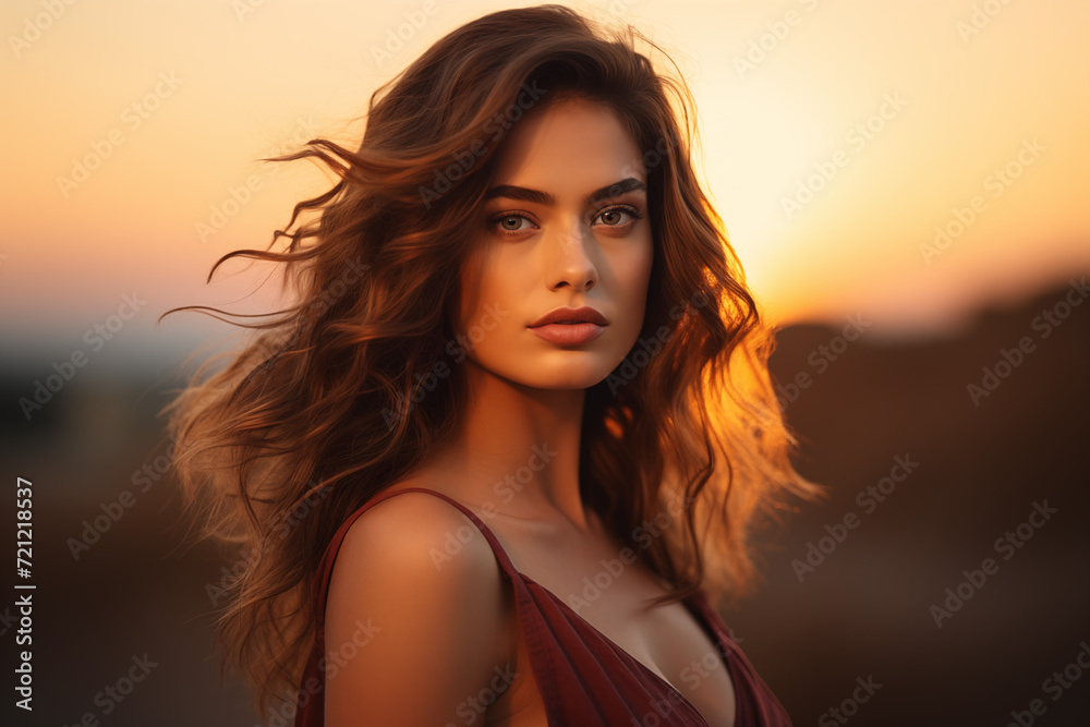 In the soft sunset light, a close-up highlights the captivating details of a woman's beauty. Every nuance tells a story of timeless allure, creating a mesmerizing portrait in the golden hour