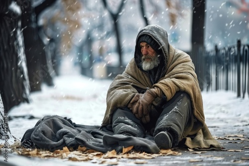 Homeless beggar sitting on ground in city park. Poor, hungry, frozen, sick homeless old man on street in winter. Poverty, misery, bankruptcy, crisis, social welfare, Generative AI