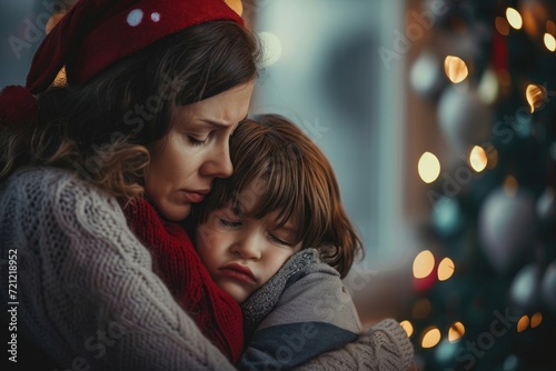 Sad Christmas. Mother hugs her son and wants to comfort him and cheer him up because of the sad Christmas holidays. Solitude, loneliness, sorrow, loss, grief, divorce, family, Generative AI