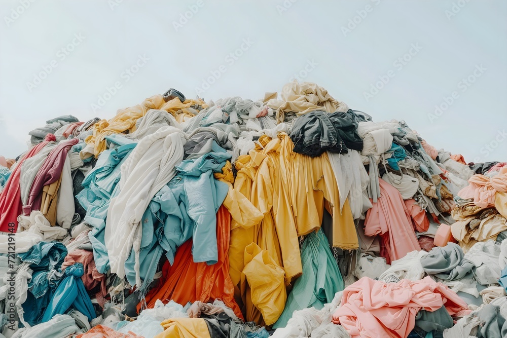 Mountains of Discarded clothing in a landfill, textile waste, fast fashion industry impact to the environment