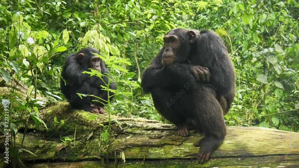 Common or Robust Chimpanzee - Pan troglodytes also chimp, great ape native to the forest and savannah of tropical Africa, pair of humans closest living relative in the rainforest of Uganda in rain. Common or Robust Chimpanzee - Pan troglodytes also chimp, great ape native to the forest and savannah of tropical Africa, pair of humans closest living relative in the rainforest of Uganda in rain.