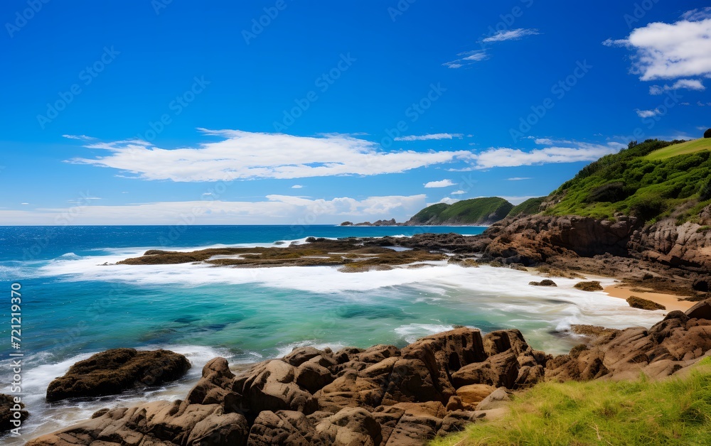 Scenic Coastal Landscape with Rocky Shoreline
Beautiful coastal scene featuring a rocky shoreline with waves crashing against the rocks under a clear blue sky.
