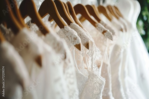 Beautiful elegant luxury bridal dress on hangers. White wedding dresses hanging on hanger in bridal shop boutique salon. Closeup, Generative AI