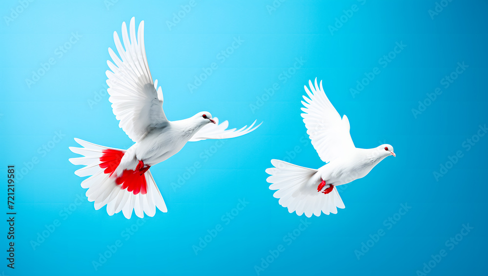 Fototapeta premium Two white doves flying on blue background with copy space. Love and peace concept