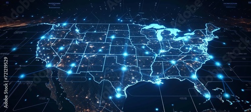 USA map smart network. Wireless internet cyber connection. Generative AI technology.