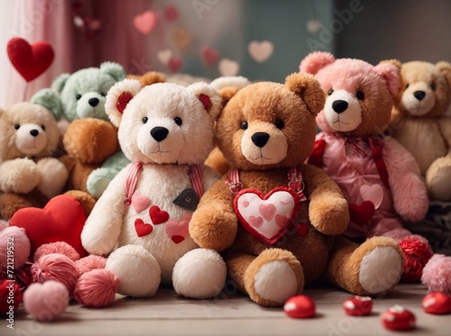  Photo of soft toys in the shape of hearts or teddy bears with hearts.