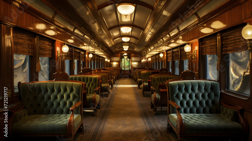 Vintage Train Car Interior with Plush Seating Luxuriously upholstered plush seating inside a vintage train car, beautifully preserved with a nostalgic ambiance.  © bharath