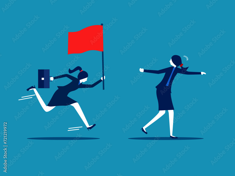 Convey success. Businesswoman passes red flag to running colleague