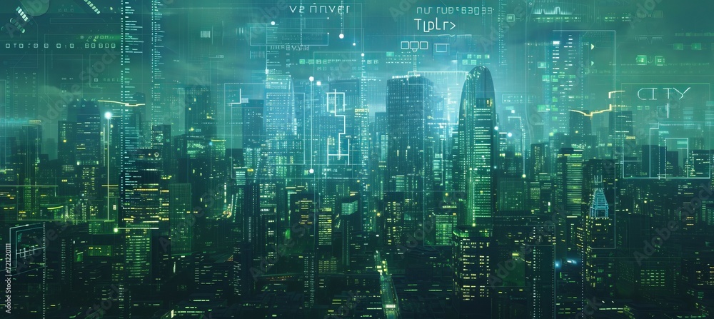 Night city. Smart cyber network. Generative AI technology.