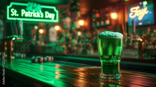 A mug with an alcoholic drink, ale on the table in the bar on the background of a neon sign St. Patrick's Day