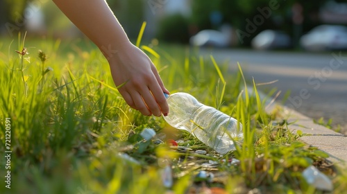 A hand picks up a crumpled plastic bottle from the grass, thrown away by someone, the concept of ecology and environmental care, garbage on the lawn, caring for nature