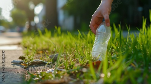 A hand picks up a crumpled plastic bottle from the grass, thrown away by someone, the concept of ecology and environmental care, garbage on the lawn, caring for nature