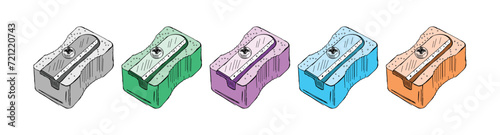 gray, green, purple, blue and orange pencil sharpener set. hand drawn sharpener