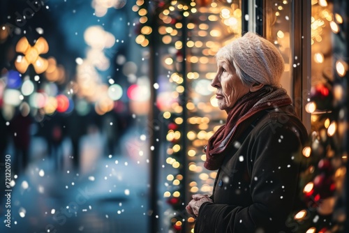 Solitude, loneliness during Christmas. Elderly woman standing alone on city street, looking to festive store showcase. Woman feels lonely celebrating Christmas holiday without family, Generative AI