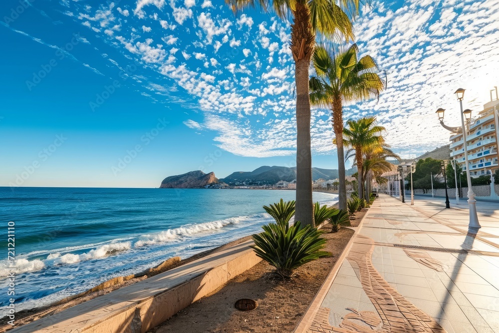 View to beautiful Albir town with main boulevard promenade, seaside beach and Mediterranean sea. Albir is small resort city between Altea and Benidorm, Alicante province, Generative AI