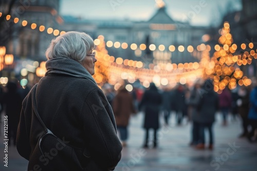 loneliness during Christmas. Elderly woman standing alone in city square during Christmas holidays, looking to happy people. Woman feels lonely celebrating Christmas without family, Generative AI