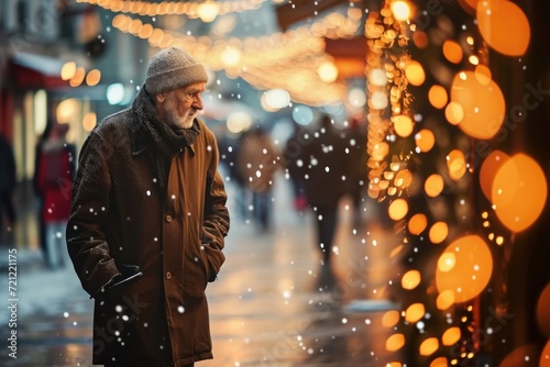 Solitude, loneliness during Christmas. Elderly man walks alone through city streets during Christmas holidays. Lonely senior man feels lonely celebrating Christmas without family and, Generative AI