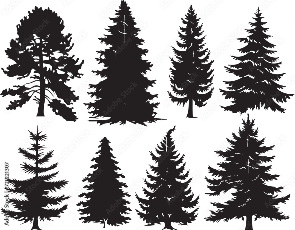 A set of Christmas trees. Hand drawn vector illustration	