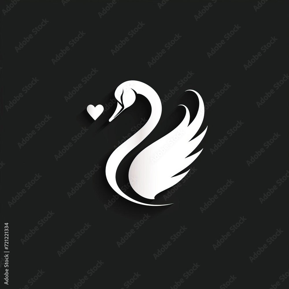 Obraz premium An elegant white swan logo with a long, flowing neck, forming a subtle heart shape, on a black background