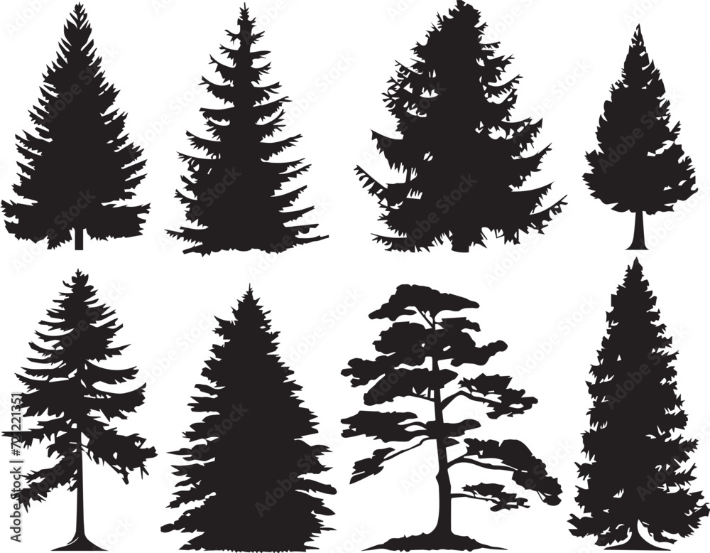 Obraz premium A set of Christmas trees. Hand drawn vector illustration 