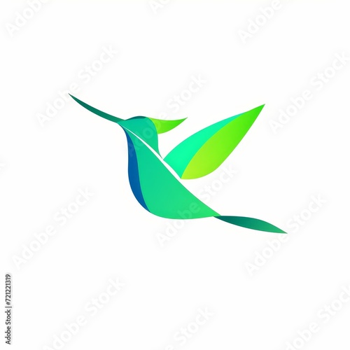 A simple, yet elegant hummingbird logo, mid-flight, in bright green and turquoise hues on a white background