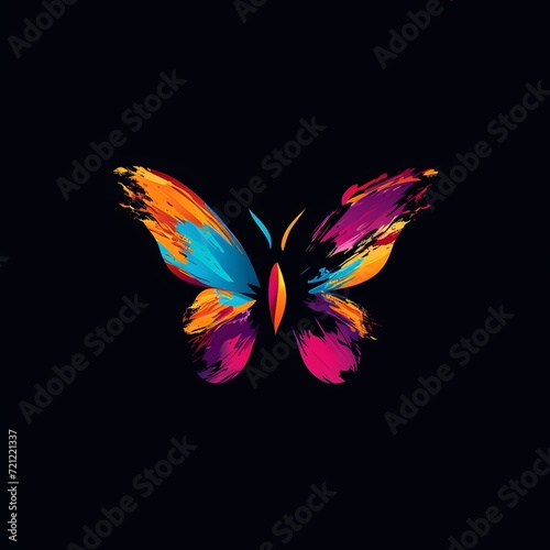 An abstract, artistic butterfly logo, with wings that resemble brush strokes, in vibrant colors on a black background