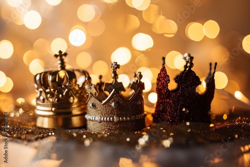 Three gold shiny crowns on festive background. Three Kings day or Epiphany day holiday celebration night background  Generative AI