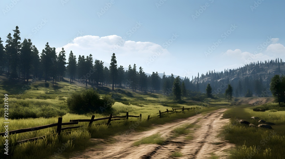 Rural Landscape with a Dirt Road and Pines
A tranquil rural landscape featuring a dirt road winding through a pine forest under a clear sky.
