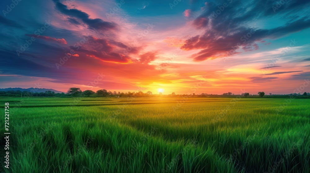 a sunset in green fields captures the essence of nature, intricate landscapes