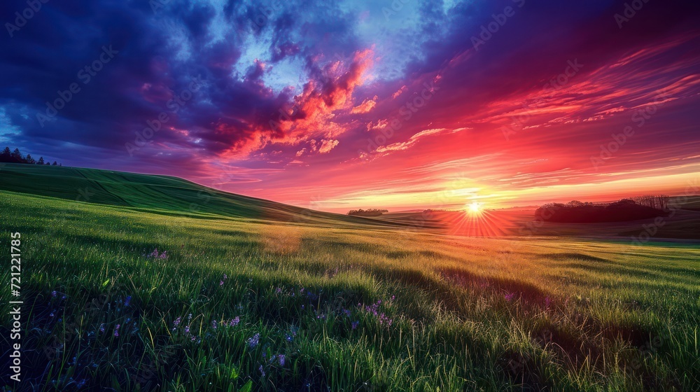 a sunset in green fields captures the essence of nature, intricate landscapes