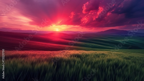 a sunset in green fields captures the essence of nature, intricate landscapes © Left