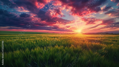 a sunset in green fields captures the essence of nature, intricate landscapes © Left