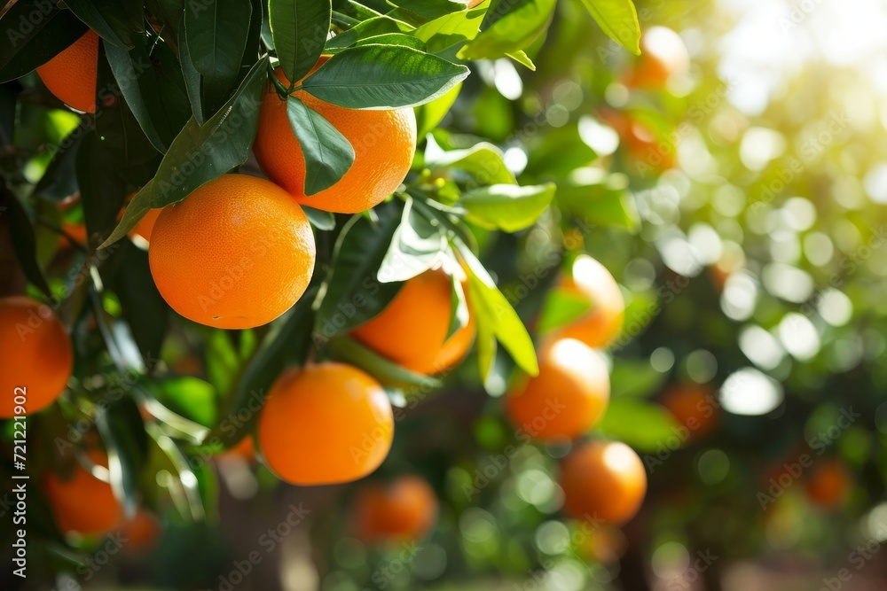 Bunch of fresh ripe oranges hanging on a tree in orange garden. Details of Spain, Generative AI