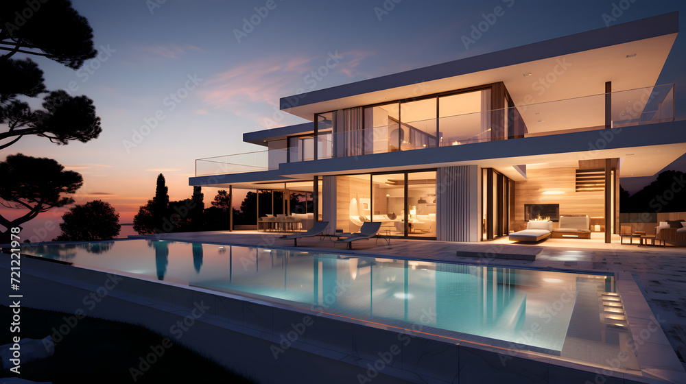 Luxury Modern Home with Pool at Dusk | Luxurious modern home featuring an outdoor pool and sleek architecture at dusk.
