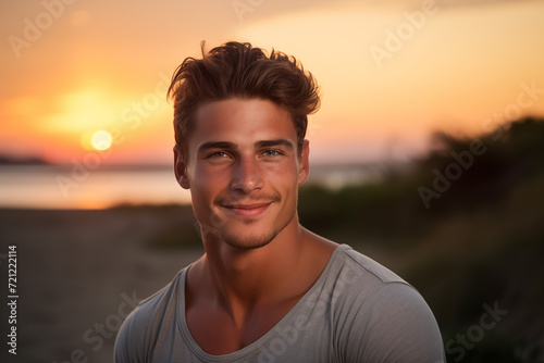 In the golden embrace of sunset, a handsome man poses with effortless allure. Silhouetted against the warm hues, she embodies timeless elegance, creating a captivating moment of desire and dreams