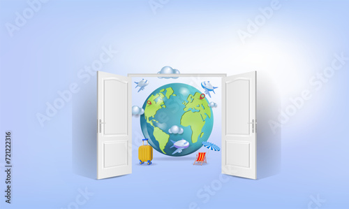 
Welcome. Concepts of summer holidays, open doors, travel, and sea holidays.
Vacation planning. 3d vector illustration.