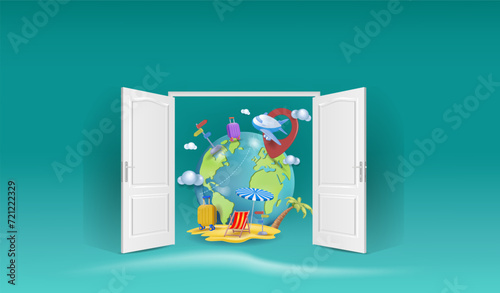
Welcome. Concepts of summer holidays, open doors, travel, and sea holidays.
Vacation planning. 3d vector illustration.