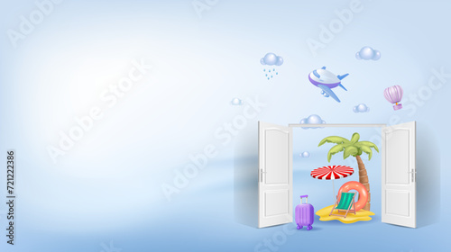 
Welcome. Concepts of summer holidays, open doors, travel, and sea holidays.
Vacation planning. 3d vector illustration.