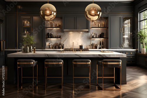 Hollywood Glam kitchen featuring sleek black cabinets