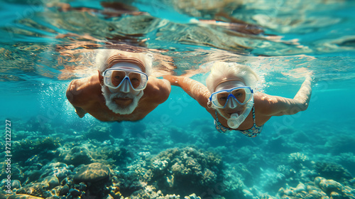 Couple of two happy seniors having fun and enjoying together in underwater