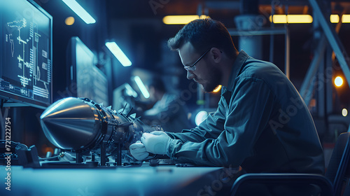 A picture of an engineeranerosmic designer working on a new generation of missiles and spacecraft, Sensational, Angelcore, Laser Printed, massive scale, Houdini rendering, Soft focus, Performance, aut