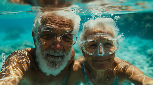 Couple of two happy seniors having fun underwater. © Lerson
