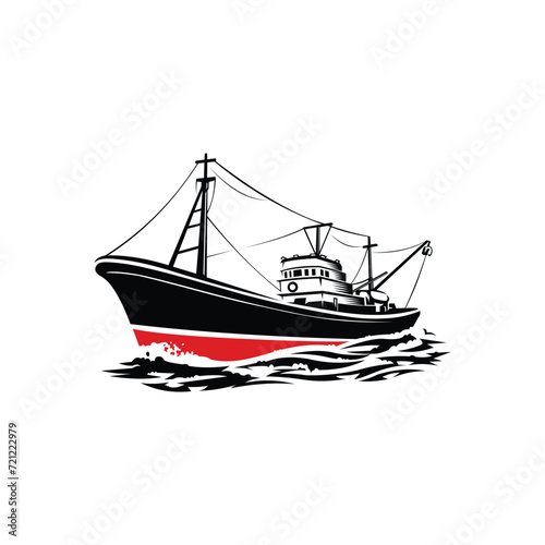 Fishing Vessel Monochrome Silhouette Vector Art Illustration. Fisherman Ship Boat Vector